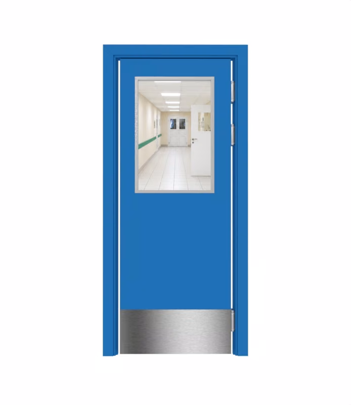 Дверь деревянная в пластике CPL маятниковая одностворчатая RAL 5015 с остеклением №4 с отбойной пластиной на уровне ног