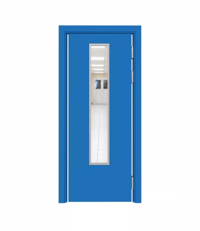 Дверь композитная Poseidon маятниковая одностворчатая RAL 5015 с остеклением №2