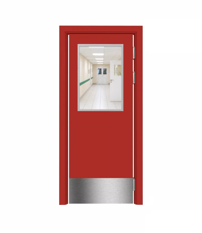 Дверь композитная Poseidon маятниковая одностворчатая RAL 3001 с остеклением №4 с отбойной пластиной на уровне ног