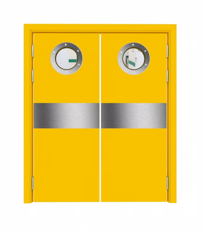 Дверь композитная Poseidon маятниковая двустворчатая RAL 1023 с иллюминатором с отбойной пластиной на уровне рук