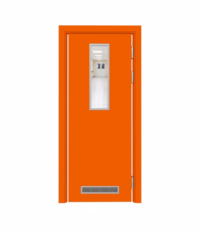 Дверь Dionysus маятниковая одностворчатая RAL 2009 с остеклением №6 с вентиляционной решёткой