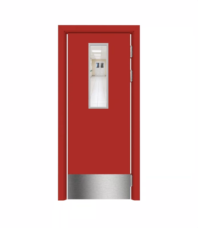 Дверь деревянная в пластике CPL маятниковая одностворчатая RAL 3001 с остеклением №6 с отбойной пластиной на уровне ног