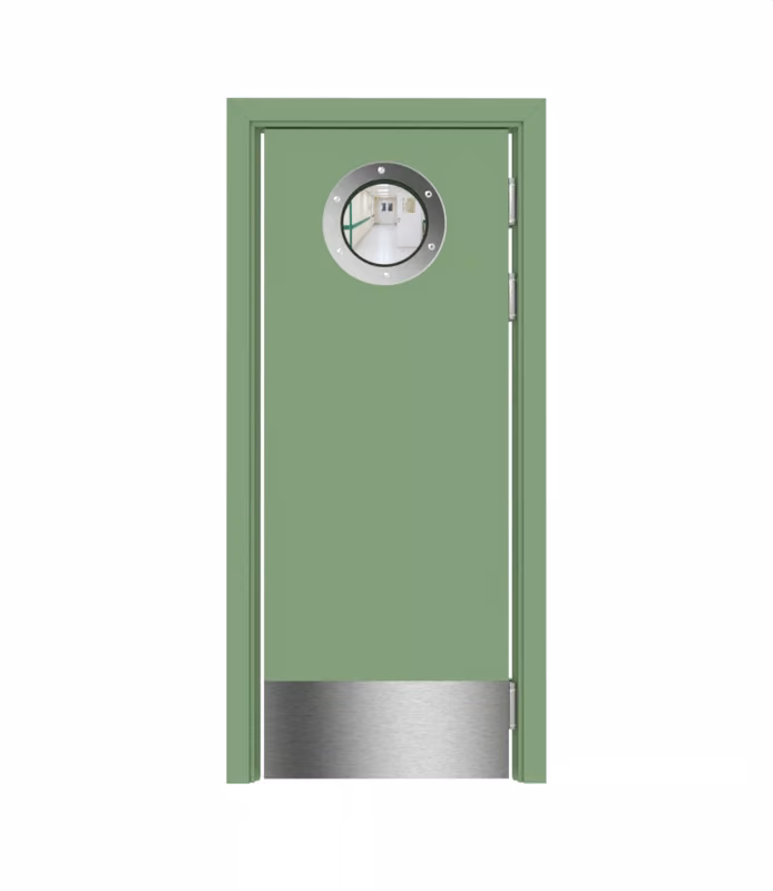 Дверь композитная Poseidon маятниковая одностворчатая RAL 6021 с иллюминатором с отбойной пластиной на уровне ног