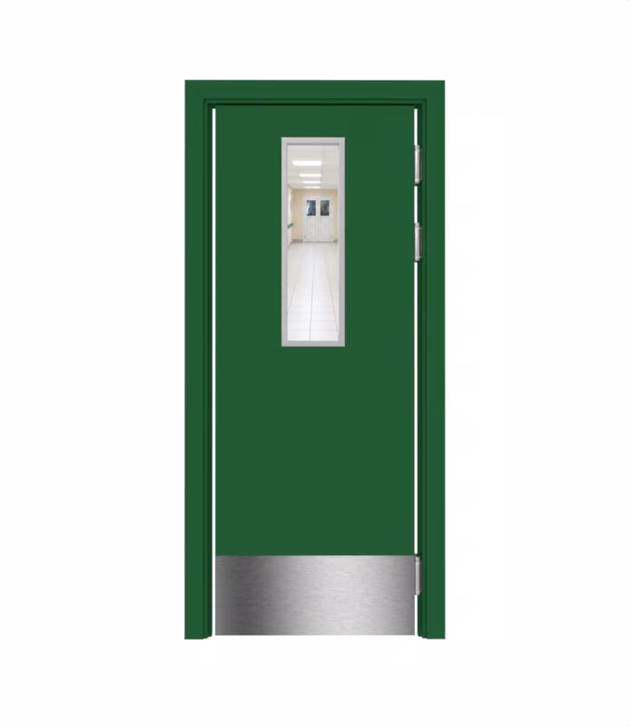 Дверь Dionysus маятниковая одностворчатая RAL 6002 с остеклением №6 с отбойной пластиной на уровне ног