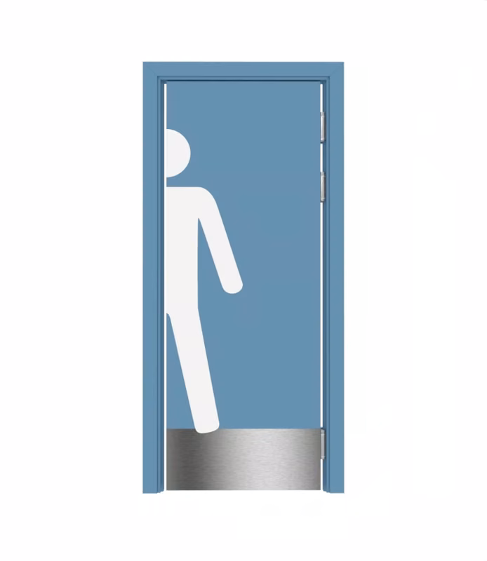 Дверь композитная Poseidon маятниковая одностворчатая RAL 5024 с отбойной пластиной на уровне ног с наклейкой MAN